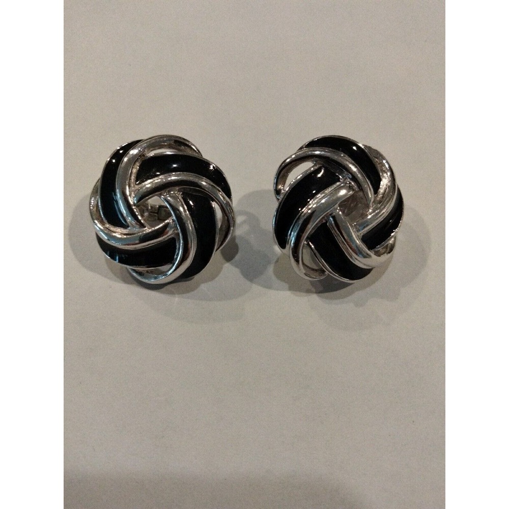 Trifari Black Enamel Silver Tone Clip On Earrings 1980's Collectable Rare Find